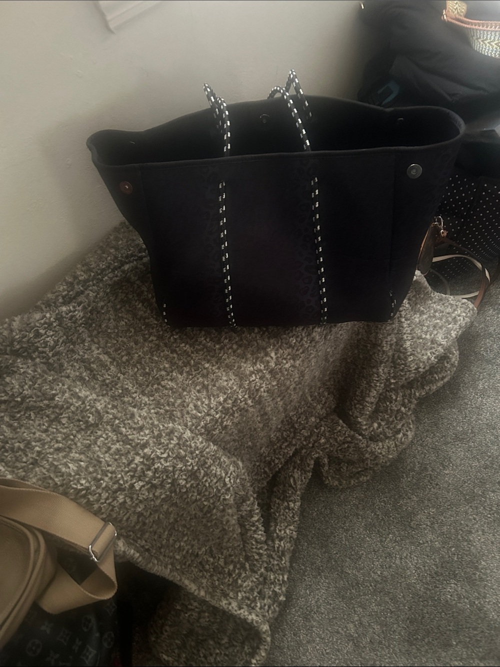 Black Neoprene Tote Bag with Contrast Rope Handles